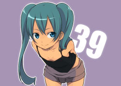Rule 34 | 00s, 1girl, aqua hair, arms behind back, bad id, bad pixiv id, blue eyes, breasts, closed mouth, collarbone, downblouse, foreshortening, hatsune miku, kiya machi, leaning forward, long hair, no bra, shorts, simple background, small breasts, smile, solo, tank top, twintails, vocaloid