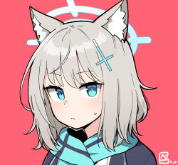 Rule 34 | 1girl, animal ear fluff, animal ears, blazer, blue archive, blue eyes, blue jacket, blue scarf, cross hair ornament, dated, frown, hair ornament, halo, highres, jacket, junsuina fujunbutsu, light blush, looking at viewer, medium hair, mismatched pupils, portrait, red background, scarf, shiroko (blue archive), silver hair, simple background, solo, striped clothes, striped scarf, sweatdrop, wolf ears