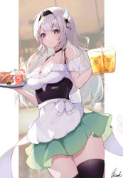 1girl absurdres alcohol alternate_costume apron armpit_crease bar_(place) bare_shoulders beer beer_glass bird black_corset black_hairband black_ribbon black_thighhighs breasts chicken cleavage closed_mouth collarbone commentary corset cup drinking_glass firefly_(honkai:_star_rail) food fruit green_pupils green_skirt hair_between_eyes hair_ribbon hairband highres holding holding_cup holding_tray honkai:_star_rail honkai_(series) indoors large_breasts lemon lemon_slice lemonade long_hair looking_at_viewer orange_eyes outside_border pillarboxed pisuke_(user_kcmh2774) ribbon signature skirt smile solo thighhighs thighs tray very_long_hair waist_apron white_apron zettai_ryouiki