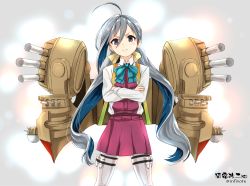 Rule 34 | 10s, 1girl, ahoge, alternate weapon, black eyes, character name, cowboy shot, crossed arms, grey hair, hair between eyes, infinote, kantai collection, kiyoshimo (kancolle), long hair, machinery, pantyhose, school uniform, smile, solo, strap, twintails, twitter username, very long hair, weapon, white pantyhose