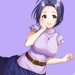 Rule 34 | 1girl, ahoge, belt, blue hair, blue skirt, blush, breasts, brown belt, hand on own cheek, hand on own face, hands up, highres, idolmaster, idolmaster (classic), idolmaster million live!, idolmaster million live! theater days, jewelry, large breasts, leather belt, looking at viewer, mikapoe, miura azusa, necklace, open mouth, purple background, purple shirt, red eyes, shirt, short hair, short sleeves, signature, simple background, skirt, smile, solo, upper body