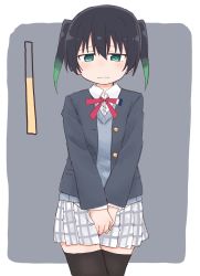 Rule 34 | 1girl, between legs, black hair, black jacket, black thighhighs, blush, border, buttons, closed mouth, collared shirt, cowboy shot, embarrassed, female focus, flat chest, gradient hair, green eyes, green hair, grey background, grey sweater, half-closed eyes, hand between legs, have to pee, highres, jacket, long sleeves, looking at viewer, love live!, love live! nijigasaki high school idol club, miniskirt, multicolored hair, neck ribbon, open clothes, open jacket, outside border, own hands together, plaid, plaid skirt, pleated skirt, pocket, ponnu (tnpn2yw), red ribbon, ribbon, school uniform, shirt, short hair, sidelocks, simple background, skirt, solo, split mouth, standing, straight-on, sweater, takasaki yu, thighhighs, twintails, two-tone hair, urine meter, v arms, wavy mouth, white border, white shirt, white skirt, zettai ryouiki