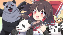 Rule 34 | 1girl, animal, bow, brown hair, claws, detached sleeves, e.o., gradient background, hair bow, hair ornament, hakurei reimu, highres, hug, incoming attack, large bow, nontraditional miko, panda, red bow, red eyes, sharp teeth, smile, teeth, touhou, yellow background