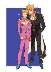 Rule 34 | 2boys, absurdres, aged up, black jacket, black pants, blonde hair, braid, bug, closed mouth, commentary, dual persona, expressionless, full body, giorno giovanna, green eyes, hand in pocket, hand on another&#039;s shoulder, height difference, highres, honlo, insect, jacket, jojo no kimyou na bouken, ladybug, long hair, long sleeves, looking at viewer, multiple boys, pants, pectoral cleavage, pectorals, pink jacket, pink pants, vento aureo, very long hair