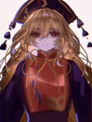 Rule 34 | 1girl, black dress, blonde hair, closed mouth, commentary request, crescent, crescent print, dress, hair between eyes, highres, junko (touhou), long hair, long sleeves, looking at viewer, phoenix crown, phoenix print, pom pom (clothes), print headwear, rakugakiman2222, red eyes, red tabard, smile, solo, tabard, touhou, very long hair