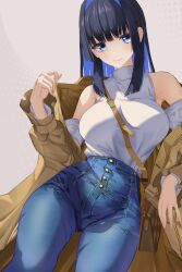 Rule 34 | 1girl, absurdres, artist request, bag, bare shoulders, blue eyes, blue hair, denim, feet out of frame, hair intakes, handbag, highres, hololive, hololive english, jeans, looking at viewer, ouro kronii, ouro kronii (casual), pants, sanzenshi, shirt tucked in, smile, solo, thighs, virtual youtuber