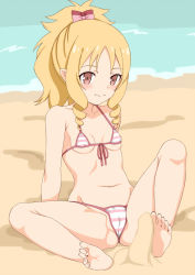 Rule 34 | 10s, 1girl, bare arms, bare legs, barefoot, beach, bikini, blonde hair, blush, bow, breasts, closed mouth, collarbone, eromanga sensei, feet, footjob, green eyes, hair bow, looking at viewer, midriff, navel, penis, pointy ears, ponytail, side-tie bikini bottom, sitting, small breasts, smile, soles, solo, spread legs, striped bikini, striped clothes, swimsuit, toes, toshishikisai, water, yamada elf