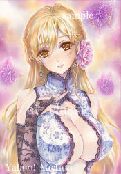 Rule 34 | 1girl, artist name, at classics, blonde hair, breasts, bridal gauntlets, bug, butterfly, center opening, cleavage, closed mouth, earrings, flower, hair between eyes, hair flower, hair ornament, insect, jewelry, large breasts, long hair, looking at viewer, original, sample watermark, sidelocks, sleeveless, solo, traditional media, upper body, watermark, yellow eyes