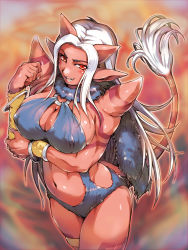 Rule 34 | 1girl, breasts, cameltoe, cleavage, colored skin, demon girl, dragon quest, dragon quest x, covered erect nipples, fur, hisahiko, horns, huge breasts, long hair, navel, ogre (dq10), pointy ears, red eyes, red skin, shoulder spikes, solo, spikes, tail, white hair