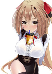 Rule 34 | 1girl, absurdres, arm support, black thighhighs, breasts, brown eyes, brown hair, bubble tea, bubble tea challenge, commentary, corset, cowboy shot, drinking straw, drinking straw in mouth, english commentary, eri (ukei), highres, large breasts, long hair, long sleeves, looking at viewer, neck ribbon, original, pelvic curtain, red ribbon, ribbon, school uniform, shirt, simple background, skirt, solo, suspender skirt, suspenders, thighhighs, thighs, ukei, white background, white shirt