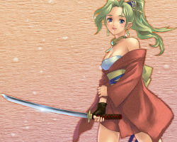 Rule 34 | 1girl, bare shoulders, blue eyes, breasts, cleavage, closed mouth, earrings, final fantasy, final fantasy vi, fingerless gloves, gloves, green hair, hair ornament, japanese clothes, jewelry, katana, looking at viewer, medium hair, ponytail, smile, solo, sword, tina branford, weapon, yuccoshi