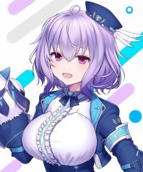 Rule 34 | 1girl, :d, absurdres, ahoge, asamura hiori, blue hat, blue jacket, blue skirt, breasts, center frills, commentary request, cropped jacket, frilled shirt, frills, hand puppet, hat, high-waist skirt, highres, jacket, large breasts, looking at viewer, medium hair, mini hat, open mouth, phantasy star, phantasy star online 2, popona, puppet, purple eyes, purple hair, ribbon, shirt, skirt, smile, solo, tilted headwear, upper body, virtual youtuber, white shirt