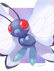 Rule 34 | animal focus, antennae, artist name, border, bug, butterfly, butterfree, closed mouth, commentary request, creatures (company), fangs, game freak, gen 1 pokemon, highres, insect, iwasi 29, nintendo, no humans, pokemon, pokemon (creature), purple background, red eyes, twitter username, white border, wings