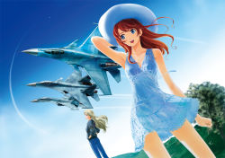 Rule 34 | 2girls, aircraft, airplane, blonde hair, blue eyes, breasts, brown hair, cleavage, collarbone, contrail, day, dress, fighter jet, hands in pockets, hat, jacket, jet, long hair, military, military vehicle, multiple girls, open mouth, original, red hair, shirotsumekusa, skirt, sky, small breasts, su-33, thigh gap, white skirt