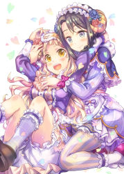 Rule 34 | 2girls, :d, bang dream!, black hair, blonde hair, bloomers, blue eyes, blue flower, blue rose, blush, bow, capelet, center frills, commentary request, dress, flower, frilled capelet, frilled hairband, frilled legwear, frilled sleeves, frills, fur-trimmed capelet, fur trim, hair flower, hair ornament, hairband, hand on another&#039;s chest, hand on another&#039;s head, hand on own head, heart, highres, horns, hug, hug from behind, kneehighs, knees up, long hair, long sleeves, looking at viewer, mask, mask on head, multiple girls, okusawa misaki, open mouth, pantyhose, petals, plaid, plaid legwear, pom pom (clothes), purple bow, purple dress, red flower, red rose, rose, sheep horns, shoes, sitting, sleep mask, smile, socks, striped clothes, striped legwear, striped pantyhose, takitarou, tsurumaki kokoro, underwear, vertical-striped clothes, vertical-striped legwear, vertical-striped pantyhose, white legwear, wrist bow
