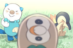 Rule 34 | :&gt;, bird, blurry, blurry foreground, blush, chita (ketchup), closed eyes, closed mouth, creatures (company), cyndaquil, depth of field, fire, game freak, gen 2 pokemon, gen 5 pokemon, gen 7 pokemon, head tilt, looking at viewer, nintendo, no humans, on grass, oshawott, owl, pokemon, pokemon (creature), pokemon legends: arceus, rowlet, seashell, shell, signature, sitting, standing, starter pokemon trio