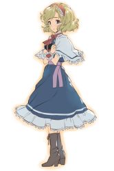 Rule 34 | 1girl, alice margatroid, blonde hair, blue dress, blue eyes, blush, boots, bow, capelet, closed mouth, cross-laced footwear, dress, frilled dress, frills, from side, full body, grimoire of alice, hairband, high heel boots, high heels, lace-up boots, lolita hairband, looking away, matsuda (matsukichi), neck ribbon, red ribbon, ribbon, sash, short hair, smile, solo, standing, touhou, wrist cuffs