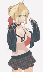 Rule 34 | 1girl, ahoge, akamakoto, black jacket, black skirt, blonde hair, braid, breasts, camisole, cleavage, collar, fate/extra, fate (series), french braid, green eyes, hair between eyes, hair bun, hair intakes, highres, jacket, long hair, long sleeves, looking at viewer, medium breasts, nero claudius (fate), nero claudius (fate) (all), nero claudius (fate/extra), off shoulder, open clothes, open jacket, single hair bun, skirt, smile, solo, thighs, white camisole