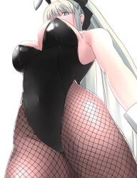 Rule 34 | 1girl, animal ears, black leotard, breasts, commentary request, fake animal ears, fate/grand order, fate (series), fishnet pantyhose, fishnets, from below, highleg, highleg leotard, kankitsu kei, large breasts, leotard, long hair, looking at viewer, looking down, morgan le fay (fate), pantyhose, playboy bunny, ponytail, rabbit ears, simple background, solo, strapless, strapless leotard, white background, white hair, wrist cuffs