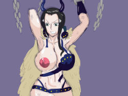 Rule 34 | 1girl, between breasts, black hair, breasts, cleavage, highres, horns, large breasts, long hair, nico robin, nipples, one breast out, one piece, smile