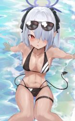 Rule 34 | 1girl, absurdres, bikini, black bikini, black tail, blue archive, blush, breasts, chankuro, collarbone, dark-skinned female, dark skin, demon tail, eyewear on head, feet out of frame, grey hair, hair over one eye, halo, highres, iori (blue archive), iori (swimsuit) (blue archive), long hair, navel, official alternate costume, open mouth, pointy ears, purple halo, red eyes, sitting, small breasts, solo, sunglasses, swimsuit, tail, thigh strap, twintails, water