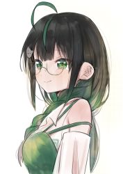 Rule 34 | 1girl, absurdres, ahoge, braid, cat hair ornament, collared shirt, detached sleeves, glasses, gradient hair, green eyes, green hair, hair ornament, highres, looking ahead, multicolored hair, nijisanji, nijisanji kr, shin yuya, shirt, sleeveless, sleeveless shirt, smile, solo, streaked hair, syhan, tearing up, upper body, virtual youtuber, white background, white shirt