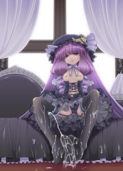 Rule 34 | 1girl, alternate costume, black panties, black thighhighs, breasts, corset, cum, cum on body, cum on feet, cum on lower body, feet, footjob, gothic lolita, hat, highres, iganseijin, invisible penis, lolita fashion, long hair, md5 mismatch, naughty face, nipples, no bra, no shirt, panties, patchouli knowledge, purple eyes, purple hair, sitting, small breasts, solo, thighhighs, touhou, underwear