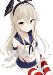 black_hairband black_neckerchief black_panties blonde_hair blue_sailor_collar blue_skirt brown_eyes cowboy_shot crop_top elbow_gloves fathom gloves hairband highleg highleg_panties highres kantai_collection long_hair microskirt miniskirt neckerchief panties pleated_skirt sailor_collar shimakaze_(kancolle) shirt simple_background skirt sleeveless sleeveless_shirt striped_clothes striped_thighhighs thighhighs underwear white_background white_gloves