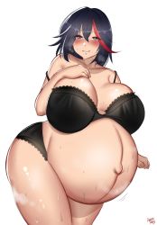 Rule 34 | 1girl, absurdres, artist name, bayoshii, big belly, black bra, black hair, black panties, blue eyes, blush, bra, breasts, breasts apart, collarbone, cowboy shot, curvy, hand on own chest, highres, huge breasts, kill la kill, lace, lace-trimmed bra, lace-trimmed panties, lace trim, looking at viewer, matoi ryuuko, medium hair, motion lines, multicolored hair, outie navel, panties, parted lips, pregnant, red hair, shiny skin, sidelocks, signature, skindentation, smile, solo, standing, steam, streaked hair, sweat, thick thighs, thighs, two-tone hair, underwear, white background, wide hips