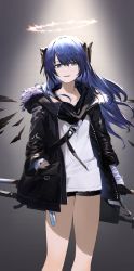Rule 34 | 1girl, aizawa masaya, arknights, black jacket, black shorts, blue eyes, blue hair, commentary, feet out of frame, grey background, halo, hand in pocket, highres, horns, jacket, long hair, long sleeves, looking at viewer, mostima (arknights), open clothes, open jacket, parted lips, shirt, short shorts, shorts, smile, solo, standing, thighs, white shirt