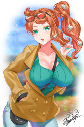 Rule 34 | 1girl, :o, absurdres, aqua eyes, artist name, bag, between breasts, blush, breasts, cleavage, coat, collarbone, cowboy shot, creatures (company), eyewear on head, game freak, hair ornament, heart, heart hair ornament, highres, large breasts, long sleeves, looking at viewer, nail polish, nez-box, nintendo, open mouth, orange hair, pants, pokemon, pokemon swsh, shiny skin, side ponytail, solo, sonia (pokemon), standing, strap between breasts, sunglasses, trench coat