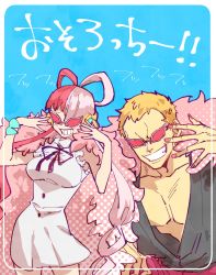 Rule 34 | 1boy, 1girl, age difference, ahi tb, bare legs, blonde hair, blue background, breasts, donquixote doflamingo, dress, feather trim, grin, headphones, highres, long hair, looking at viewer, multicolored hair, one piece, one piece film: red, pectorals, simple background, size difference, smile, sunglasses, translation request, two-tone hair, uta (one piece), very long hair