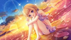 Rule 34 | 1girl, ahoge, barefoot, beach, bikini, bikini skirt, blonde hair, blue eyes, breasts, cloud, dot nose, dutch angle, evening, film grain, flip-flops, from side, game cg, hair ornament, hair scrunchie, hand in own hair, hugging own legs, itsumura haruka, izumi tsubasu, lens flare, looking at viewer, low twintails, mountainous horizon, non-circular lens flare, non-web source, ocean, official art, on ground, open mouth, outdoors, re:stage!, sandals, scrunchie, seashell, shell, sideboob, sitting, skirt, sky, small breasts, smile, solo, sparkle, star (sky), starfish, starry sky, sunset, swimsuit, twintails, unworn sandals, white bikini, white scrunchie, white skirt