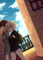 Rule 34 | 2girls, backpack, bad id, bad pixiv id, bag, blonde hair, blue eyes, brown hair, clock, clock tower, cloud, day, dutch angle, erica hartmann, gertrud barkhorn, kodamari, looking at viewer, looking to the side, multiple girls, profile, railing, short hair, sky, strike witches, tower, walking, world witches series