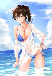 Rule 34 | 1girl, absurdres, batacchi (mashimashi butter), bikini, blue bikini, blue sky, breasts, brown eyes, brown hair, cleavage, collarbone, day, highres, kaga (kancolle), kantai collection, large breasts, long hair, looking at viewer, navel, ocean, outdoors, see-through, shirt, side-tie bikini bottom, side ponytail, sky, smile, solo, swimsuit, wet, wet clothes, wet shirt