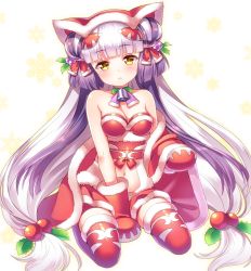 Rule 34 | 1girl, bare shoulders, bell, between legs, blush, breasts, choker, cleavage, closed mouth, double bun, frown, full body, fur trim, hair bobbles, hair bun, hair ornament, haku (p&amp;d), hand between legs, head tilt, holly, jingle bell, long hair, looking at viewer, medium breasts, mittens, multicolored hair, puzzle &amp; dragons, red thighhighs, santa costume, shouni (sato3), silver hair, sitting, snowflakes, solo, thighhighs, twintails, two-tone hair, very long hair, yellow eyes
