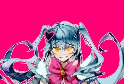Rule 34 | 1293852419, 1girl, blue hair, fake wings, hair ornament, heart, heart hair ornament, highres, library of ruina, long hair, looking up, magical girl, neck ribbon, outline, pink background, pink ribbon, project moon, queen of hatred, ribbon, solo, sparkle, twintails, white outline, wings, yellow eyes