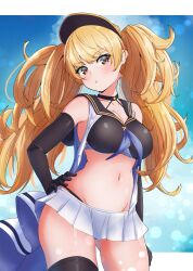 Rule 34 | 1girl, absurdres, arm at side, bare shoulders, big hair, bikini, black bikini, black gloves, black hat, black sailor collar, black thighhighs, blonde hair, blue sky, breasts, cleavage, cloud, contrapposto, cowboy shot, curly hair, elbow gloves, expressionless, eyelashes, gloves, gluteal fold, granblue fantasy, groin, hand on own hip, hat, head tilt, highres, kamidan, large breasts, lens flare, light blush, long hair, miniskirt, monika weisswind, navel, overskirt, parted lips, sailor collar, see-through, see-through skirt, skirt, sky, solo, swept bangs, swimsuit, teeth, thighhighs, twintails, visor cap, wide hips, yellow eyes