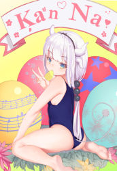 Rule 34 | 10s, 1girl, barefoot, beads, beamed quavers, black bow, black hairband, blue eyes, blue one-piece swimsuit, blunt bangs, bow, character name, chips (food), competition swimsuit, dragon girl, dragon horns, easter, easter egg, egg, ellenprince181, feet, fingernails, flower, food, gradient eyes, gradient hair, hair beads, hair bow, hair ornament, hairband, hand up, highres, horns, kanna kamui, kobayashi-san chi no maidragon, leaf, light purple hair, long fingernails, long hair, looking at viewer, low twintails, mouth hold, multicolored eyes, multicolored hair, musical note, one-piece swimsuit, plant, quaver, silver hair, soles, solo, swimsuit, tail, toes, twintails, v, white background