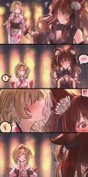 Rule 34 | !, 2girls, 4koma, ;p, animal ears, anthuria, blonde hair, bow, breasts, brown eyes, brown hair, cleavage, comic, commentary, djeeta (granblue fantasy), granblue fantasy, hair bow, heart, highres, holding another&#039;s wrist, japanese clothes, kimono, multiple girls, one eye closed, outdoors, sassakntm, spoken blush, spoken exclamation mark, spoken heart, tongue, tongue out, whispering, yukata, yuri