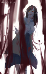 Rule 34 | 1girl, black sclera, blood, blood stain, blue skirt, brown jacket, colored sclera, demon girl, glasgow smile, halloween, highres, holding, holding knife, horror (theme), jacket, jun yuwei, knife, long skirt, mask, mouth mask, multicolored hair, open clothes, open jacket, original, pointy ears, sharp teeth, shirt, signature, skirt, streaked hair, teeth, white shirt, yandere