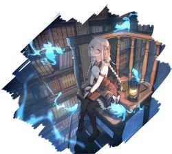 Rule 34 | 1girl, alisa (soul tide), artist request, asymmetrical bangs, bird, black thighhighs, blue eyes, blush, book, bookshelf, bow, bowtie, braid, breasts, brown skirt, cat, dragon, dress, frilled dress, frilled skirt, frills, game cg, hair ribbon, holding, holding book, ladder, lamp, library, light smile, looking at viewer, medium breasts, official art, plaid, plaid skirt, red-framed eyewear, ribbon, sitting, skirt, soul tide, spirit, thighhighs, third-party source, transparent background, twin braids, white dress, white hair