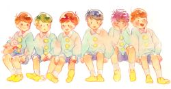 Rule 34 | 10s, 6+boys, 720 72, :3, aged down, blush, brothers, child, head rest, male focus, matching outfits, matsuno choromatsu, matsuno ichimatsu, matsuno jyushimatsu, matsuno karamatsu, matsuno osomatsu, matsuno todomatsu, messy hair, multiple boys, osomatsu-kun, osomatsu-san, rabbit, sextuplets, shorts, siblings, simple background, sitting, white background, wing collar