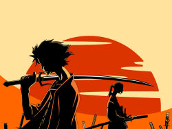 Rule 34 | 00s, 2boys, jin (samurai champloo), male focus, mugen (samurai champloo), multiple boys, samurai champloo, sunset, sword, weapon