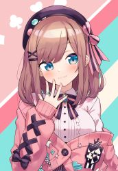 Rule 34 | 1girl, :3, absurdres, beret, black bow, black hat, black ribbon, blue eyes, blush, bow, breasts, brown hair, cardigan, closed mouth, club (shape), diamond (shape), emblem, hair ornament, hair ribbon, hairclip, hat, heart, highres, ivan wang, jewelry, long sleeves, looking at viewer, medium breasts, neck ribbon, nijisanji, off-shoulder shirt, off shoulder, open cardigan, open clothes, partially unbuttoned, pink ribbon, ribbon, ring, shirt, short hair, sleeves past wrists, smile, solo, spade (shape), spread fingers, suzuhara lulu, swept bangs, upper body, virtual youtuber, white shirt, x hair ornament