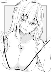 Rule 34 | 1girl, blush, breasts, cleavage, collarbone, greyscale, kichihachi, large breasts, monochrome, open mouth, original, smile, solo, twitter username, upper body