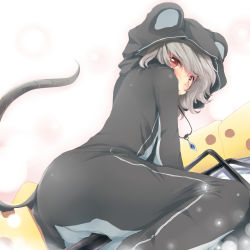 Rule 34 | 1girl, animal costume, animal ears, ass, bad id, bad pixiv id, cheese, costume, crotch rub, female focus, food, grey hair, jewelry, looking back, mouse ears, mouse tail, nazrin, nejime, pendant, red eyes, short hair, solo, tail, touhou