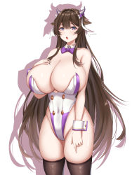 Rule 34 | 1girl, :o, absurdres, animal ears, azur lane, bow, bowtie, breasts, brown hair, brown thighhighs, cleavage, comotaro, cow ears, cow girl, cow horns, detached collar, hand on own chest, highleg, highleg leotard, highres, horns, huge breasts, kashino (azur lane), leotard, long hair, looking at viewer, open mouth, purple bow, purple bowtie, purple eyes, purple leotard, ribbon, shadow, simple background, skindentation, solo, standing, strapless, strapless leotard, thighhighs, two-tone leotard, undersized breast cup, very long hair, white background, white leotard, white ribbon, wing collar