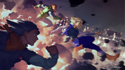 Rule 34 | 1girl, 2boys, android 16, android 17, android 18, black hair, blonde hair, blue eyes, blurry, boots, brother and sister, brown footwear, building, city, debris, dragon ball, dragonball z, earrings, embers, explosion, gerald parel, highres, jewelry, mohawk, multiple boys, neckerchief, night, orange hair, pantyhose, running, siblings, signature, skirt, smoke, striped, vest