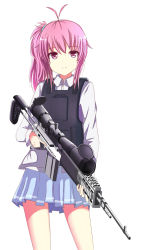 Rule 34 | 1girl, antenna hair, bad id, bad pixiv id, battle rifle, bulletproof vest, gun, highres, long hair, looking at viewer, m14, ole1942, original, pink eyes, pink hair, pleated skirt, rifle, scope, side ponytail, skirt, sniper rifle, solo, trigger discipline, weapon, white background